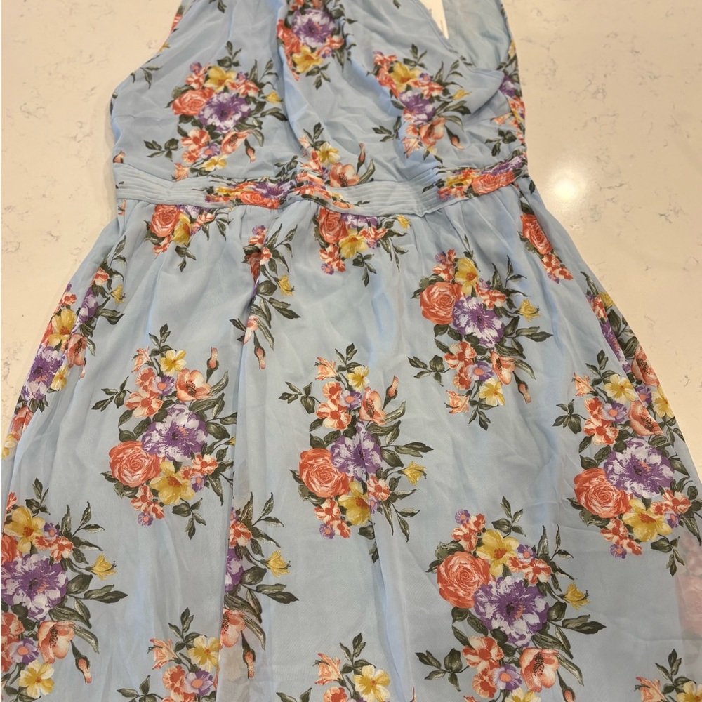 BloomChic Light Blue Floral Dress with Pink, Purple & Yellow Blooms